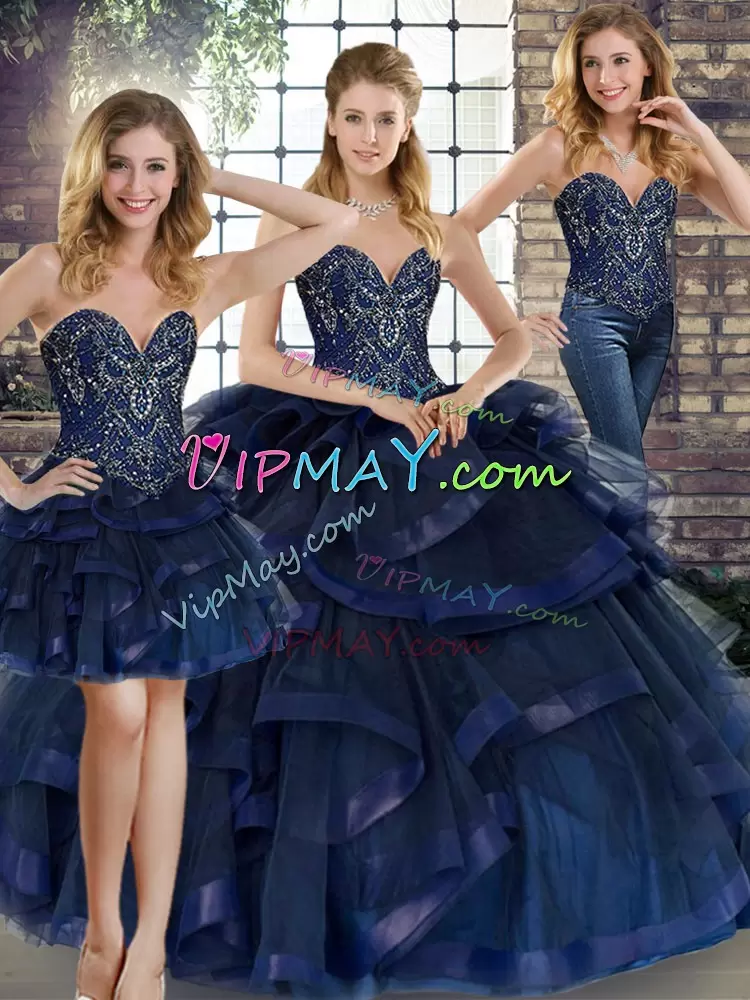 Navy Blue Sleeveless Tulle Lace Up 15th Birthday Dress for Military Ball and Sweet 16 and Quinceanera