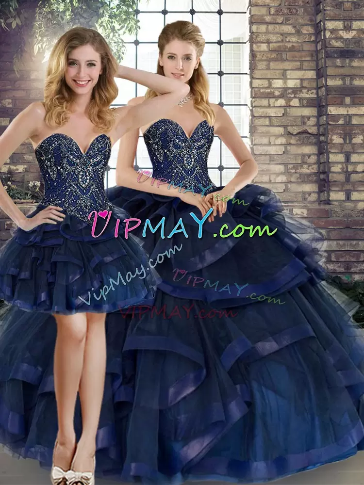 Navy Blue Sleeveless Tulle Lace Up 15th Birthday Dress for Military Ball and Sweet 16 and Quinceanera