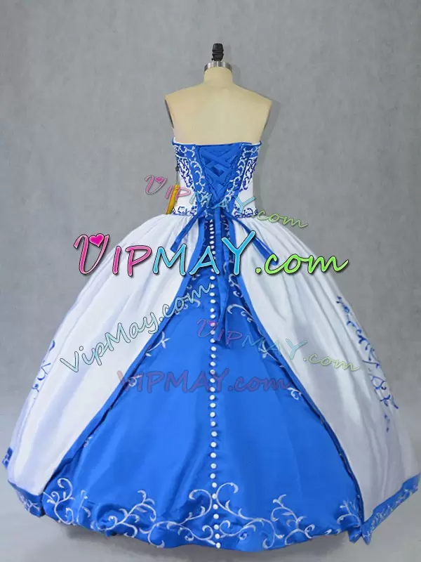 Floor Length Blue And White Quinceanera Dress Strapless Sleeveless Lace Up