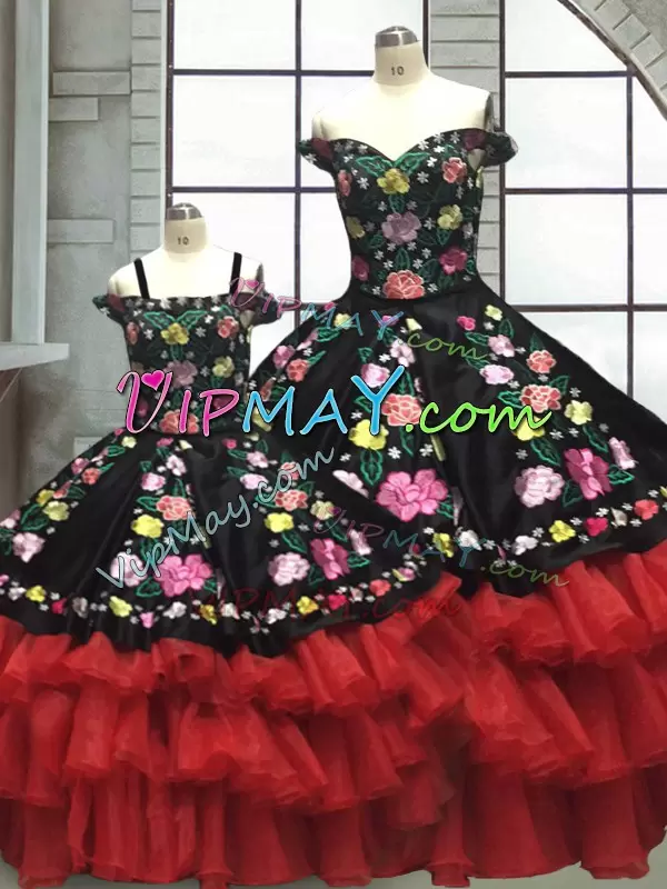 Floor Length Lace Up Quinceanera Gowns Red And Black for Military Ball and Sweet 16 and Quinceanera with Embroidery and Ruffled Layers