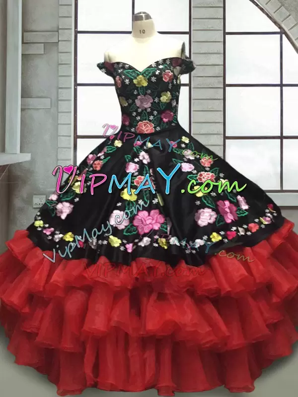 Floor Length Lace Up Quinceanera Gowns Red And Black for Military Ball and Sweet 16 and Quinceanera with Embroidery and Ruffled Layers