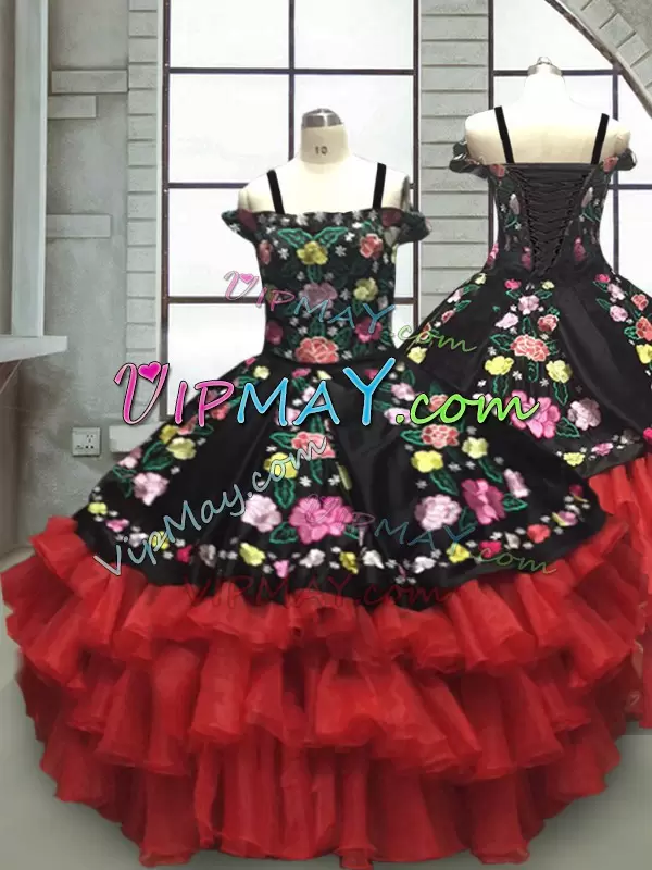 Floor Length Lace Up Quinceanera Gowns Red And Black for Military Ball and Sweet 16 and Quinceanera with Embroidery and Ruffled Layers