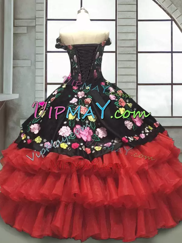 Floor Length Lace Up Quinceanera Gowns Red And Black for Military Ball and Sweet 16 and Quinceanera with Embroidery and Ruffled Layers