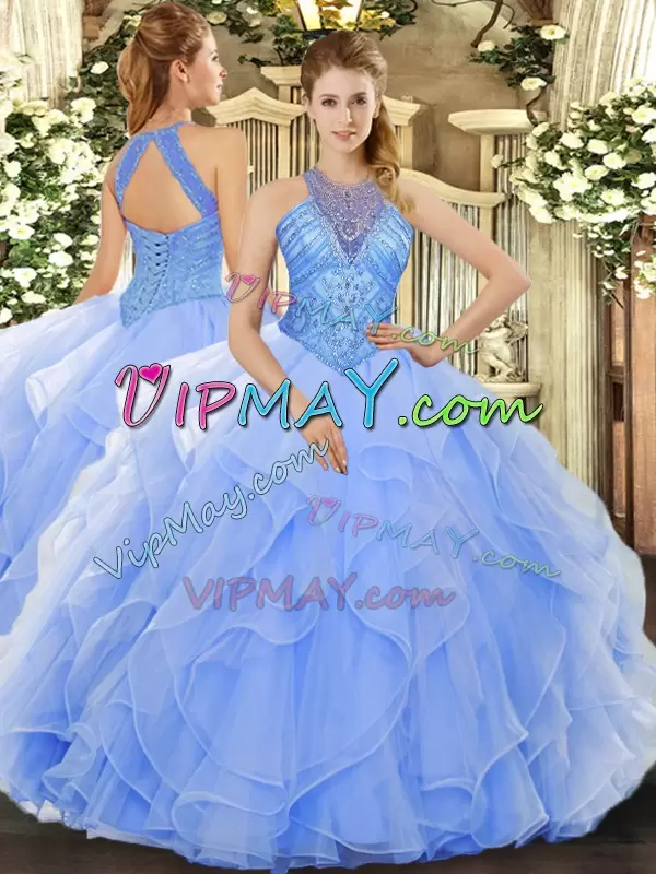 Floor Length Lace Up Sweet 16 Dresses Light Blue for Military Ball and Sweet 16 and Quinceanera with Beading and Ruffles