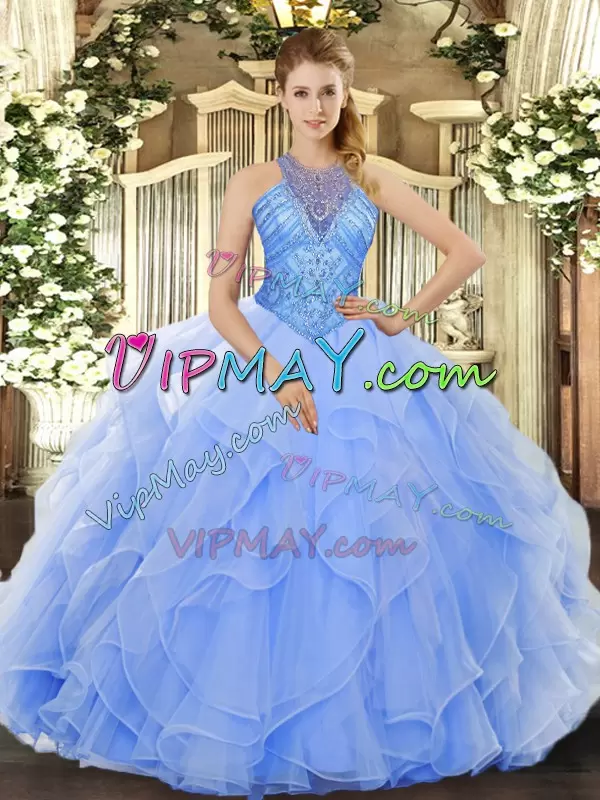 Floor Length Lace Up Sweet 16 Dresses Light Blue for Military Ball and Sweet 16 and Quinceanera with Beading and Ruffles