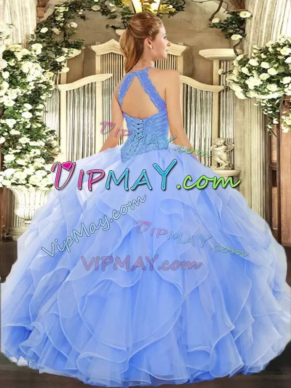 Floor Length Lace Up Sweet 16 Dresses Light Blue for Military Ball and Sweet 16 and Quinceanera with Beading and Ruffles