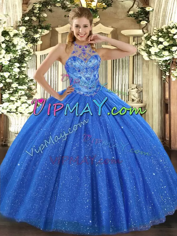 Colorful Floor Length Lace Up Sweet 16 Dresses Blue for Military Ball and Sweet 16 and Quinceanera with Beading and Embroidery