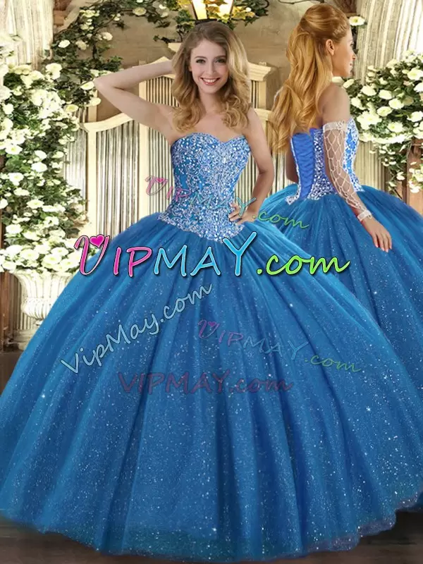 Romantic Blue Ball Gowns Sweetheart Sleeveless Tulle Floor Length Lace Up Beading Sweet 16 Dress