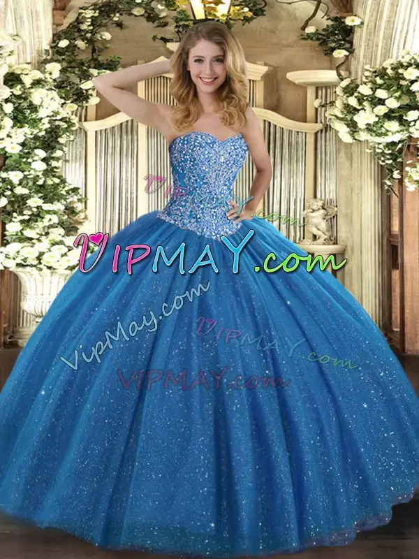 Romantic Blue Ball Gowns Sweetheart Sleeveless Tulle Floor Length Lace Up Beading Sweet 16 Dress