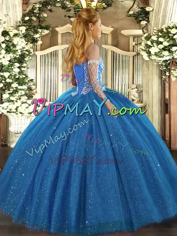 Romantic Blue Ball Gowns Sweetheart Sleeveless Tulle Floor Length Lace Up Beading Sweet 16 Dress