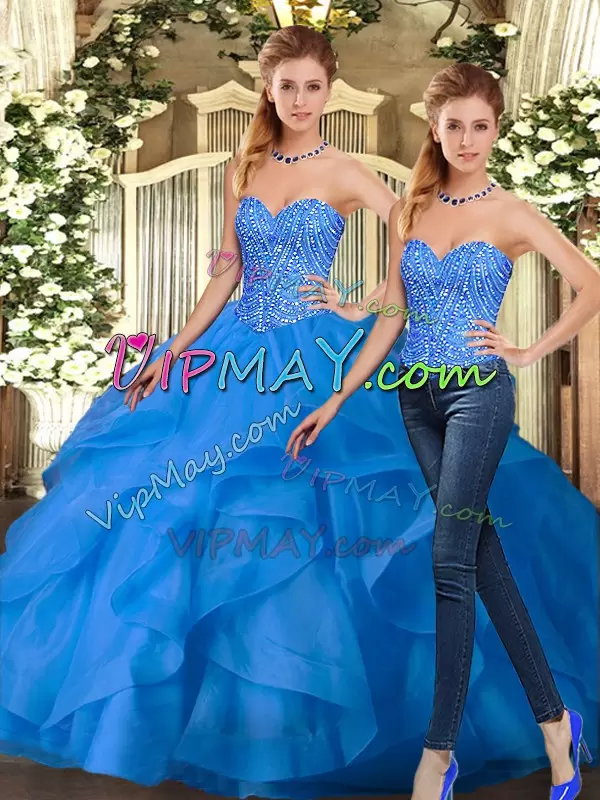 Sleeveless Floor Length Beading and Ruffles Lace Up Quinceanera Gown with Blue