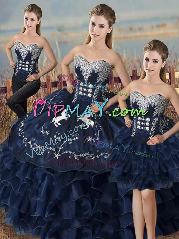 Dynamic Navy Blue Sleeveless Satin and Organza Lace Up Quince Ball Gowns for Sweet 16 and Quinceanera