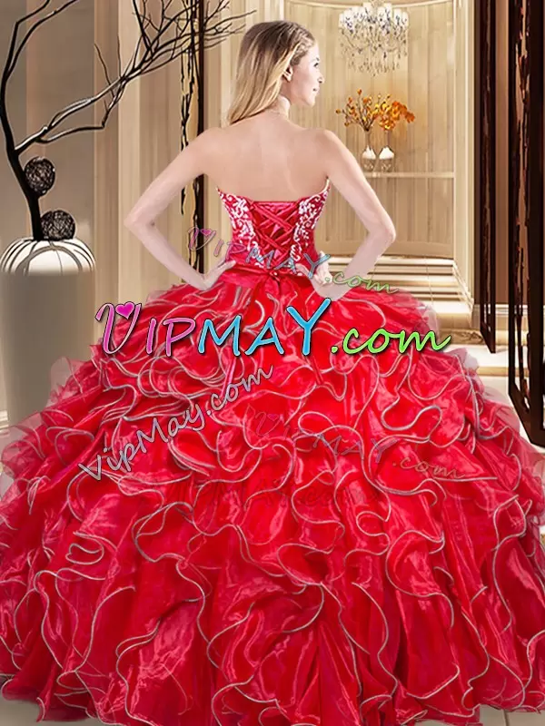 Sweetheart Sleeveless Quinceanera Dresses Floor Length Embroidery and Ruffles Blue Organza