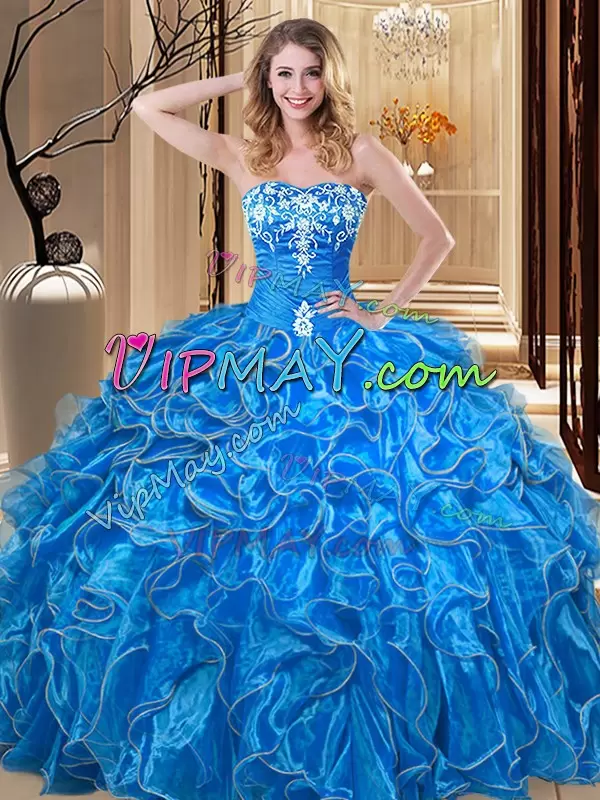 Sweetheart Sleeveless Quinceanera Dresses Floor Length Embroidery and Ruffles Blue Organza