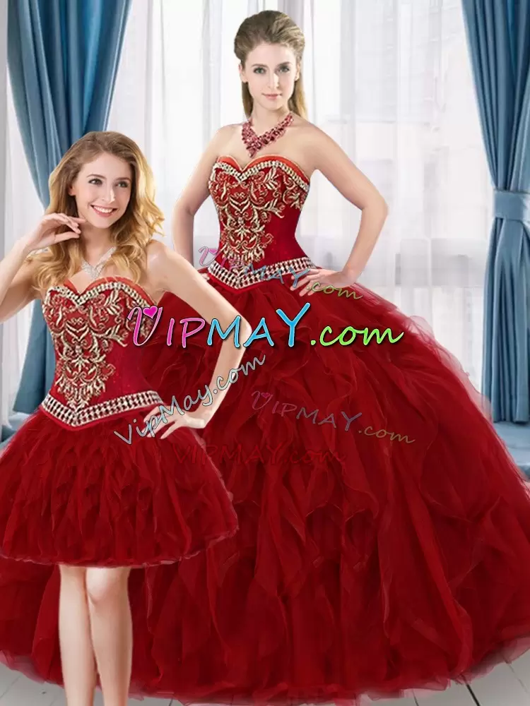 Great Red Ball Gowns Beading and Ruffles 15 Quinceanera Dress Lace Up Tulle Sleeveless Floor Length