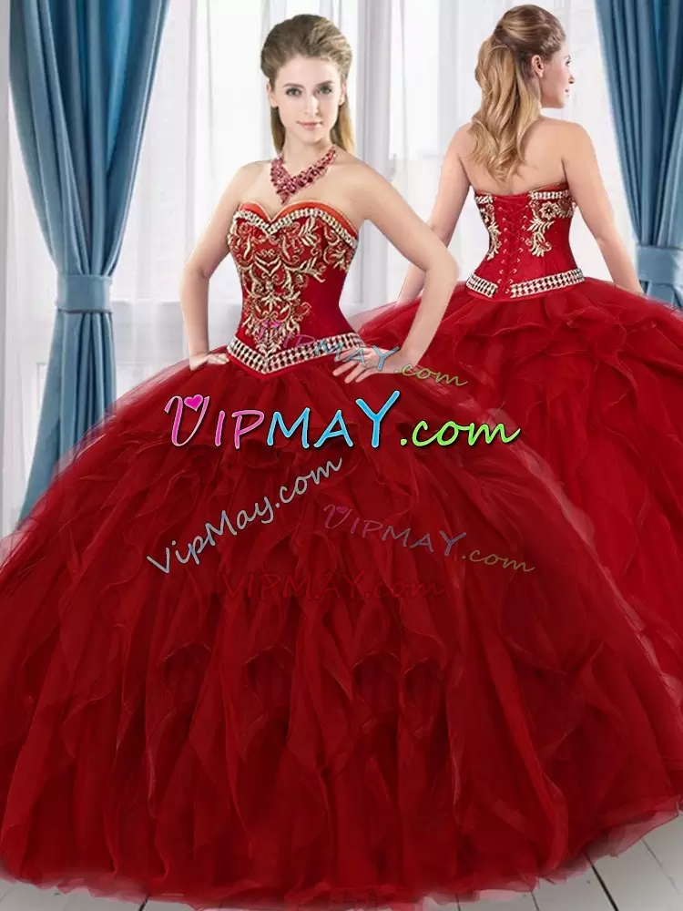 Great Red Ball Gowns Beading and Ruffles 15 Quinceanera Dress Lace Up Tulle Sleeveless Floor Length