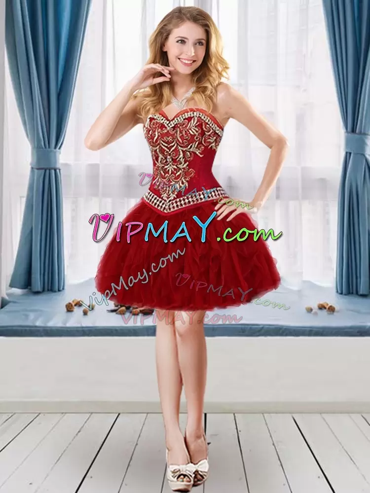 Great Red Ball Gowns Beading and Ruffles 15 Quinceanera Dress Lace Up Tulle Sleeveless Floor Length