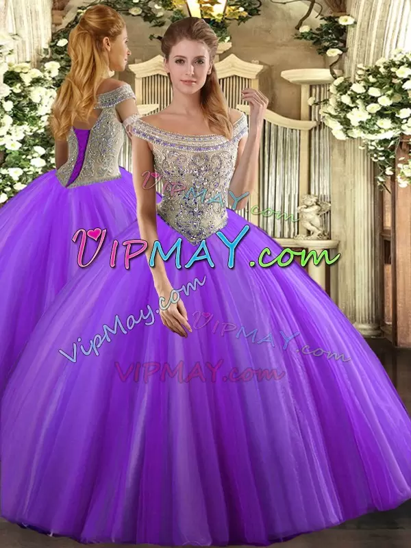 Pretty Off The Shoulder Sleeveless Quinceanera Gowns Floor Length Beading Lavender Tulle