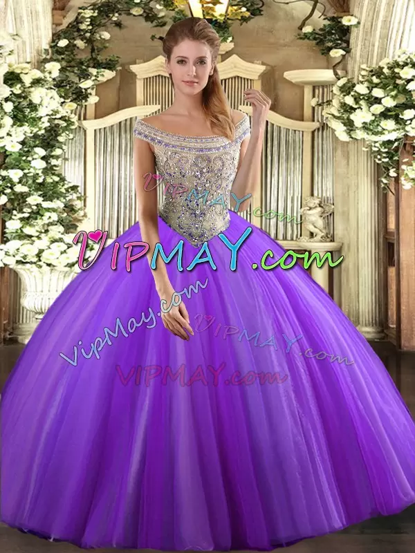 Pretty Off The Shoulder Sleeveless Quinceanera Gowns Floor Length Beading Lavender Tulle