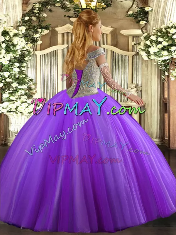 Pretty Off The Shoulder Sleeveless Quinceanera Gowns Floor Length Beading Lavender Tulle