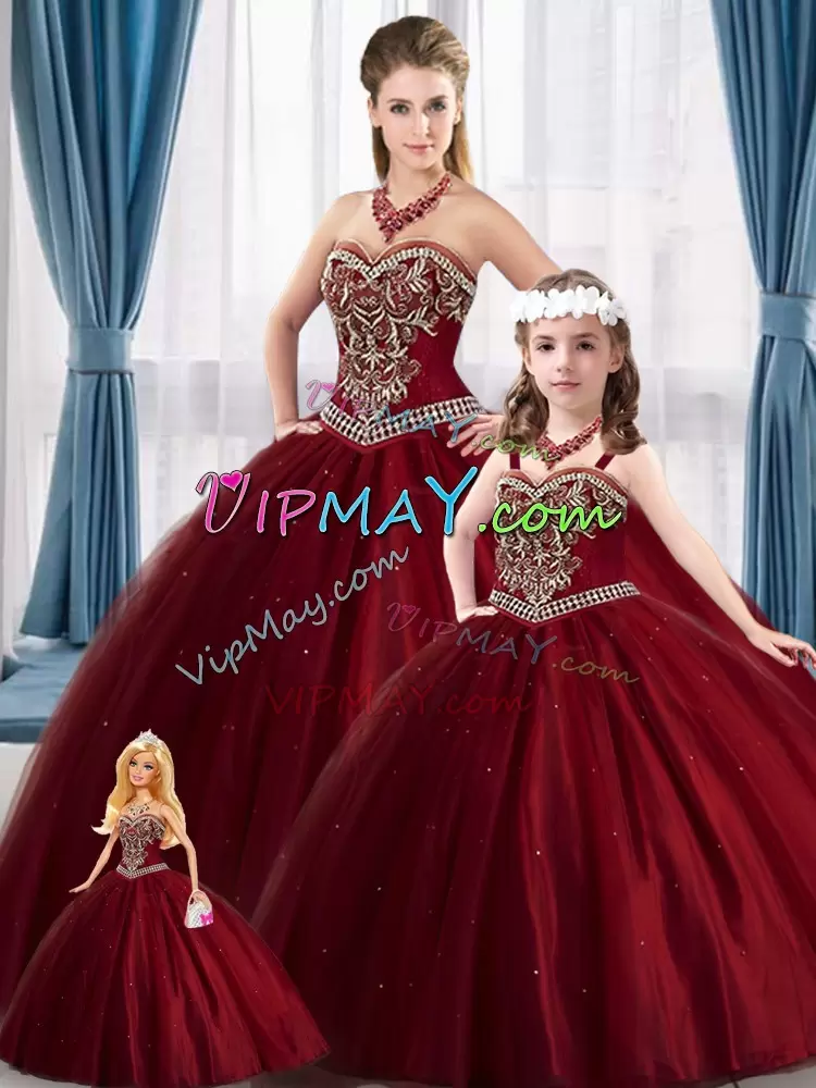 Embroidery Ball Gown Prom Dress Wine Red Lace Up Sleeveless Floor Length