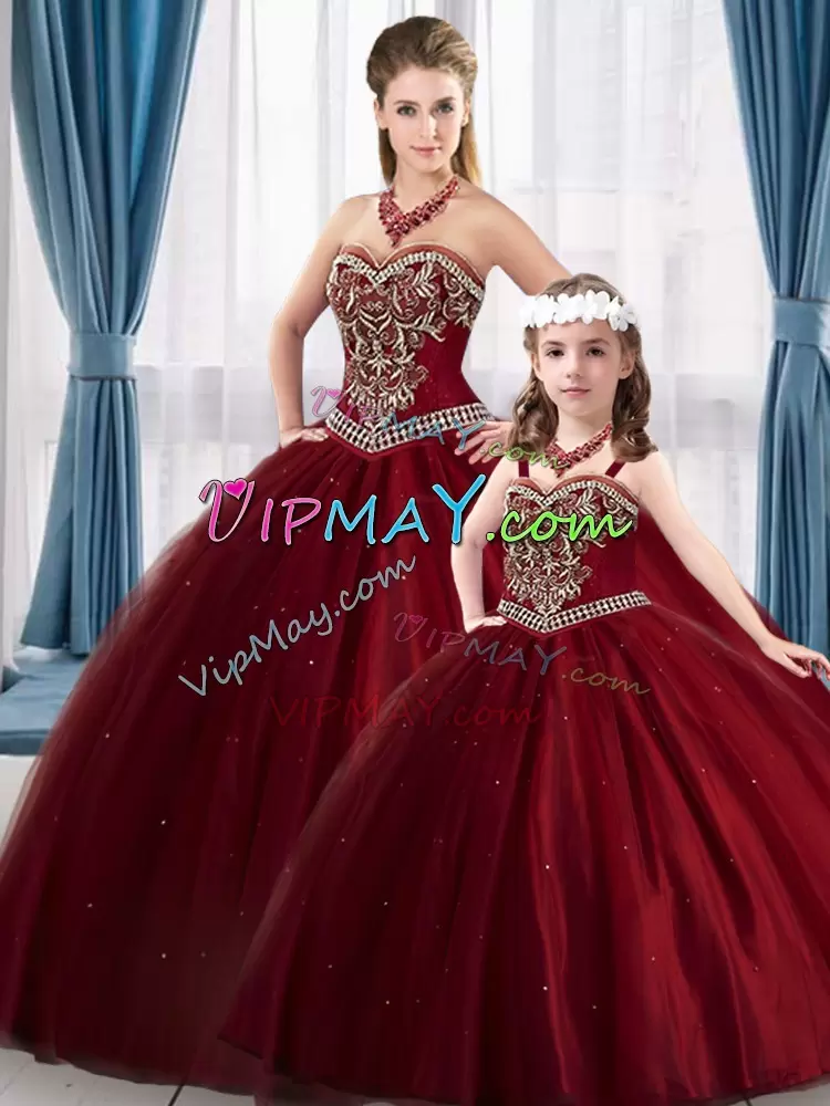 Embroidery Ball Gown Prom Dress Wine Red Lace Up Sleeveless Floor Length