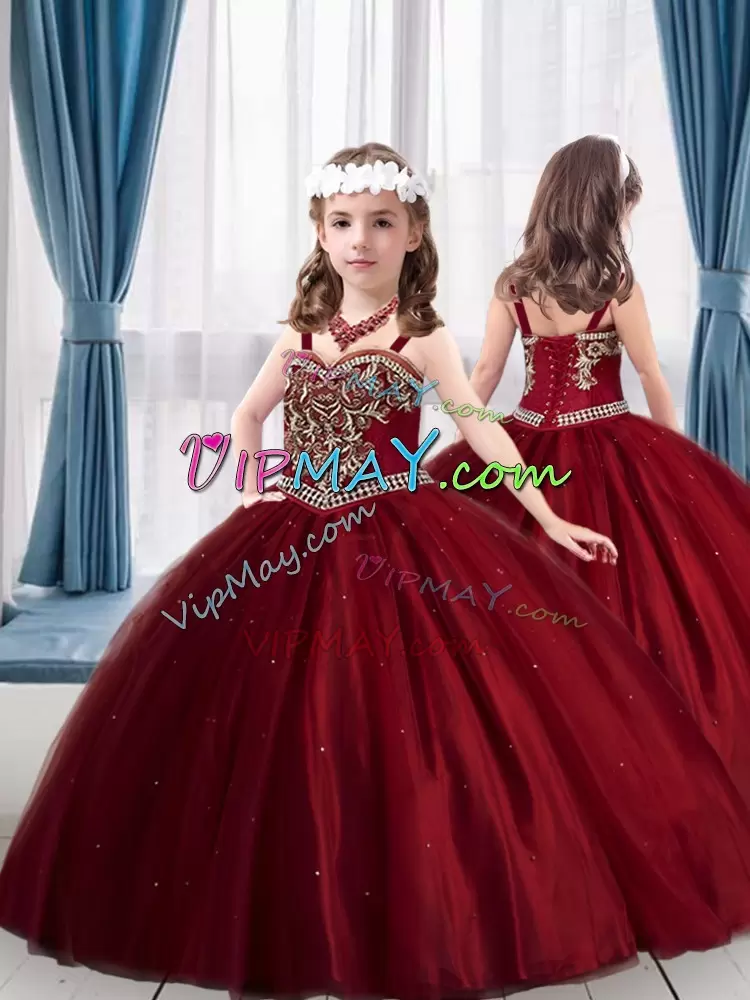Embroidery Ball Gown Prom Dress Wine Red Lace Up Sleeveless Floor Length