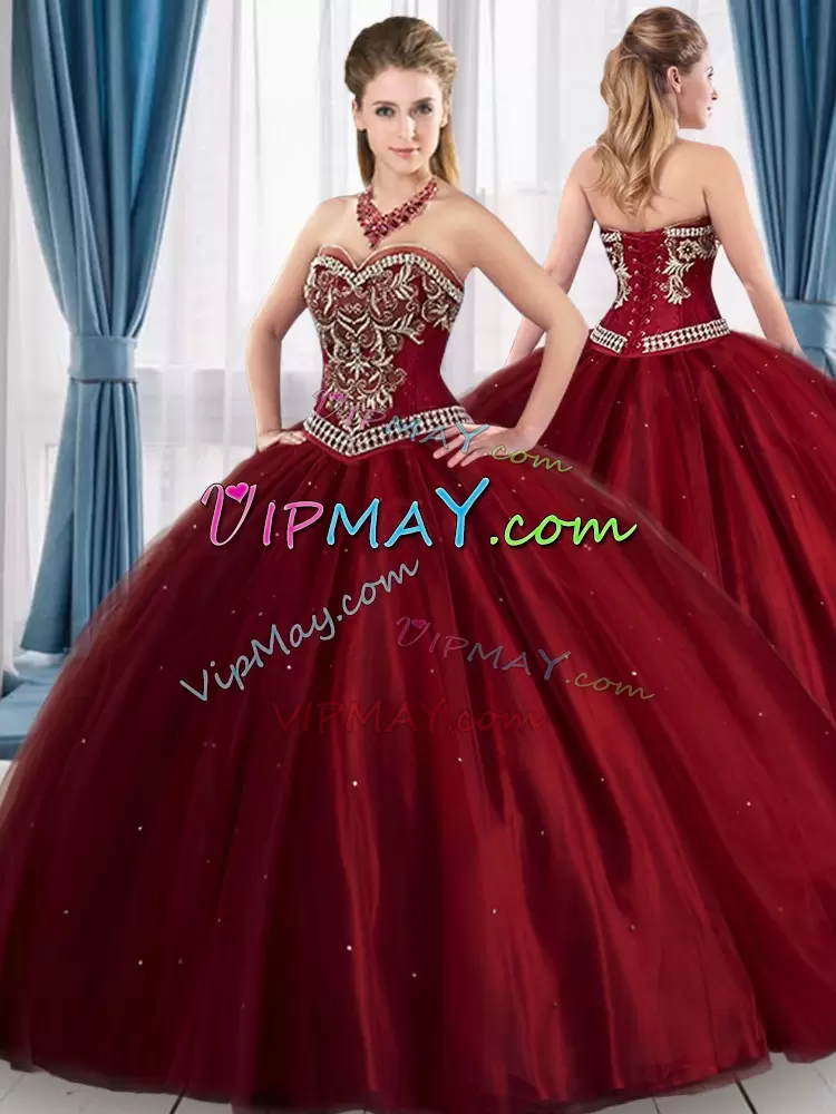 Embroidery Ball Gown Prom Dress Wine Red Lace Up Sleeveless Floor Length