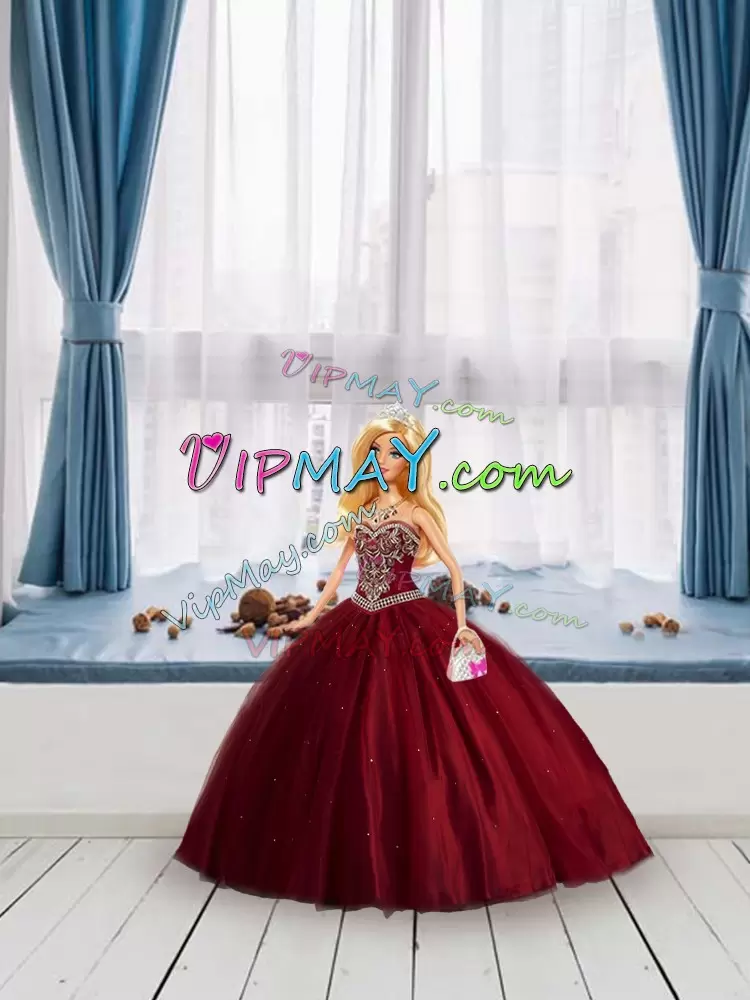 Embroidery Ball Gown Prom Dress Wine Red Lace Up Sleeveless Floor Length