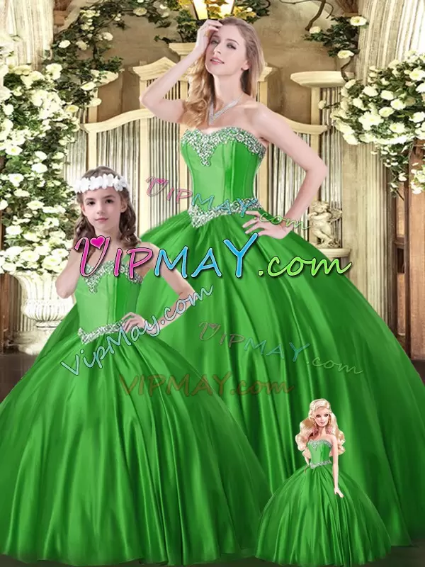 Glamorous Green Ball Gowns Beading Quinceanera Dress Lace Up Tulle Sleeveless Floor Length