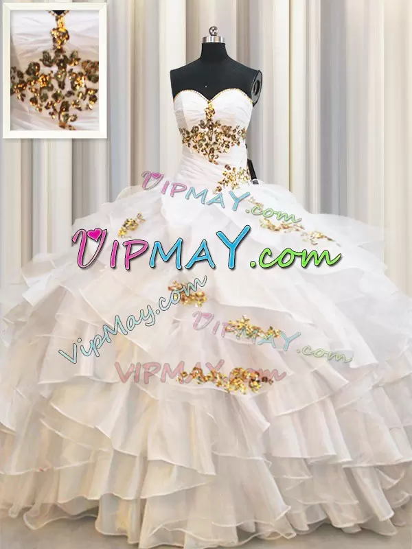 Floor Length White 15 Quinceanera Dress Organza Sleeveless Beading and Ruffled Layers