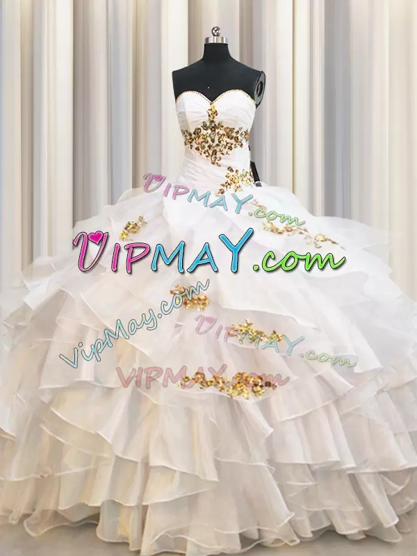 Floor Length White 15 Quinceanera Dress Organza Sleeveless Beading and Ruffled Layers