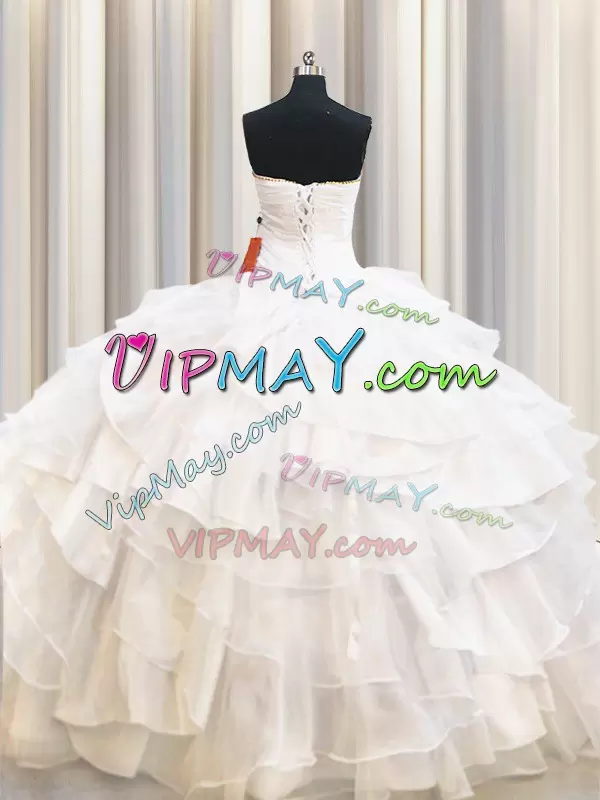 Floor Length White 15 Quinceanera Dress Organza Sleeveless Beading and Ruffled Layers