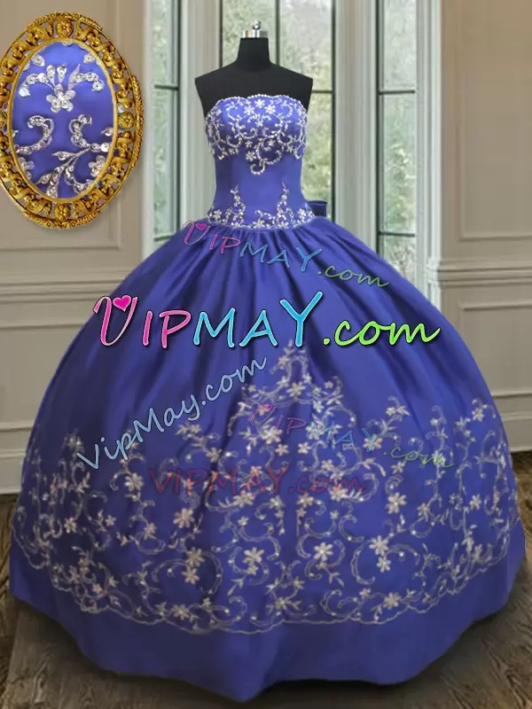 Decent Strapless Sleeveless Lace Up Quinceanera Dress Royal Blue Taffeta Embroidery and Bowknot