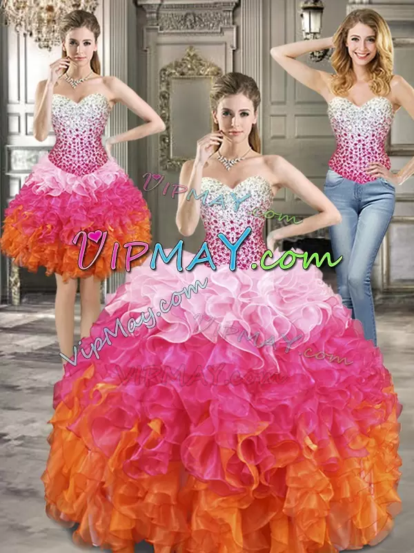 Sleeveless Organza Floor Length Lace Up Quince Ball Gowns in Multi-color with Beading