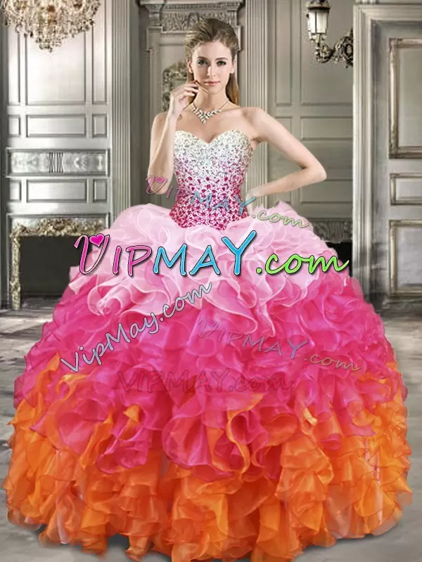 Sleeveless Organza Floor Length Lace Up Quince Ball Gowns in Multi-color with Beading