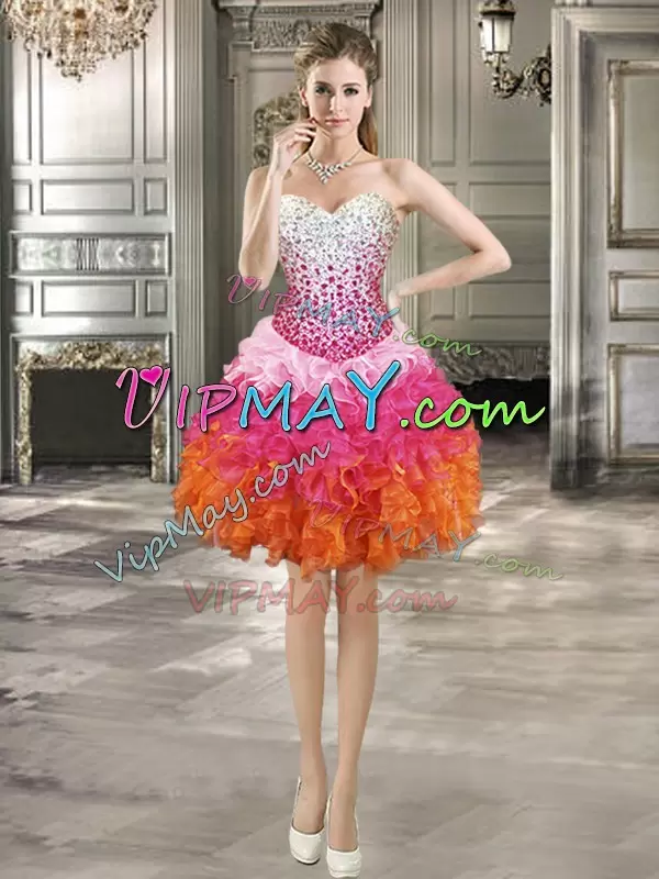 Sleeveless Organza Floor Length Lace Up Quince Ball Gowns in Multi-color with Beading