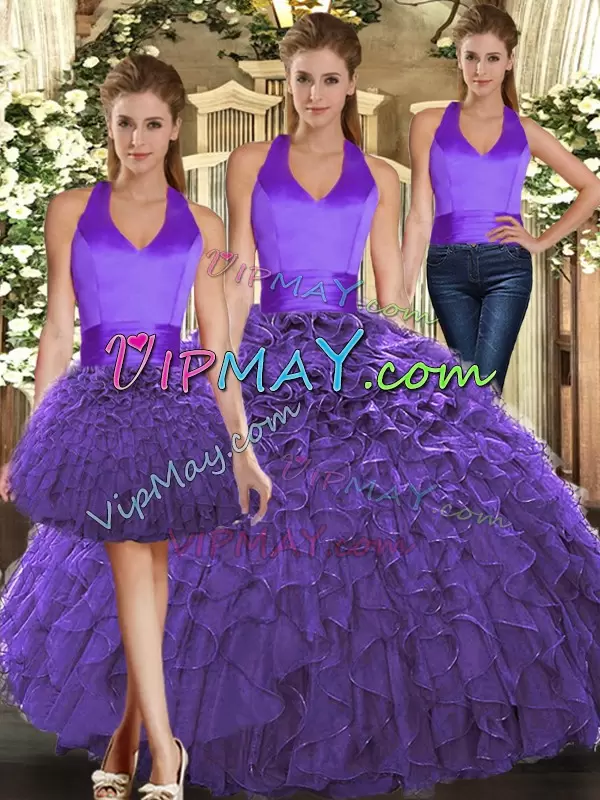 Customized Floor Length Purple Sweet 16 Quinceanera Dress Organza Sleeveless Ruffles