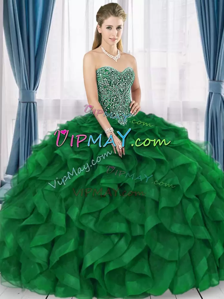 Fine Tulle Sweetheart Sleeveless Lace Up Beading and Ruffles Quinceanera Dress in Green