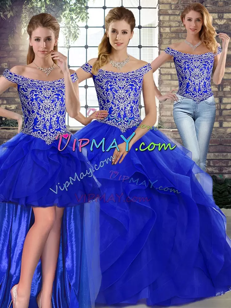 Vintage Beading and Ruffles Quinceanera Gowns Royal Blue Lace Up Sleeveless Brush Train