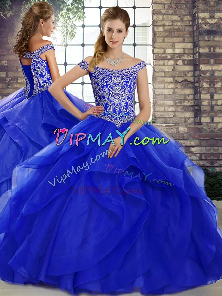 Vintage Beading and Ruffles Quinceanera Gowns Royal Blue Lace Up Sleeveless Brush Train