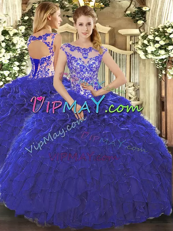 Royal Blue Cap Sleeves Floor Length Beading and Ruffles Lace Up Sweet 16 Dresses Scoop