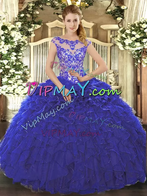 Royal Blue Cap Sleeves Floor Length Beading and Ruffles Lace Up Sweet 16 Dresses Scoop