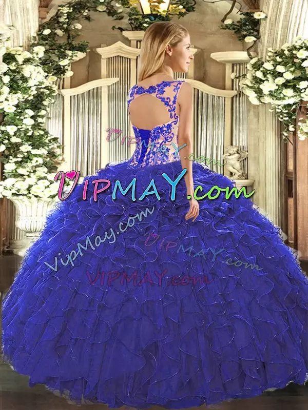 Royal Blue Cap Sleeves Floor Length Beading and Ruffles Lace Up Sweet 16 Dresses Scoop