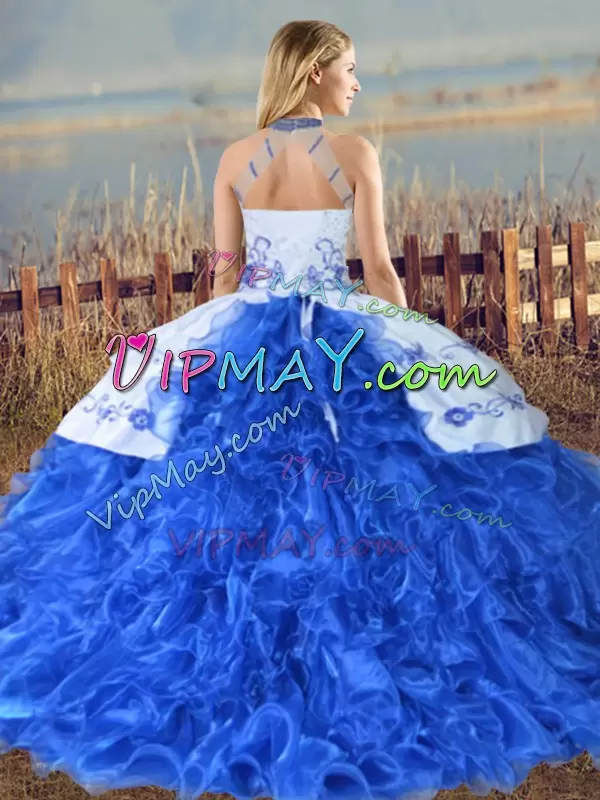 Court Train Ball Gowns Quince Ball Gowns Royal Blue Halter Top Organza Sleeveless Lace Up