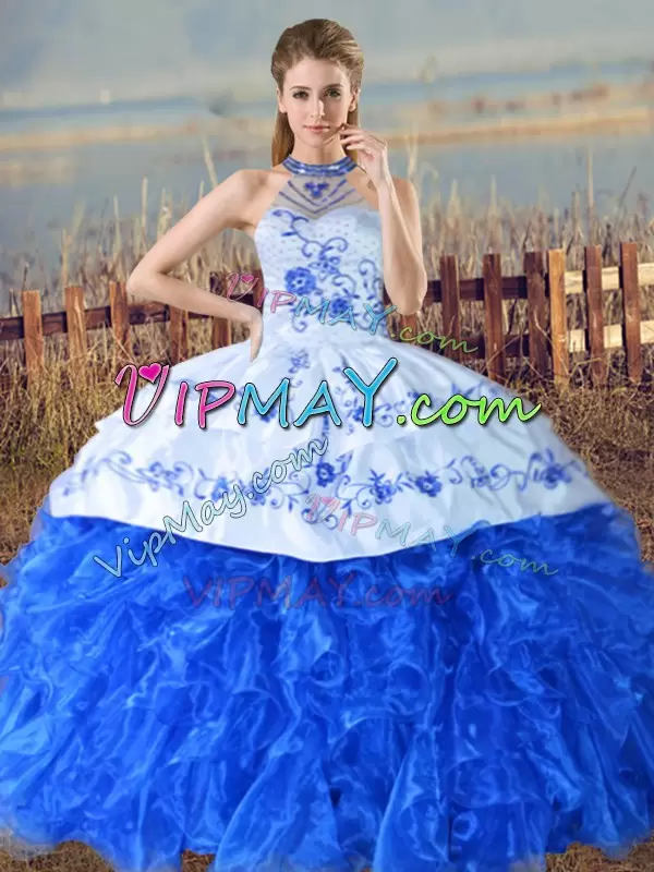 Court Train Ball Gowns Quince Ball Gowns Royal Blue Halter Top Organza Sleeveless Lace Up