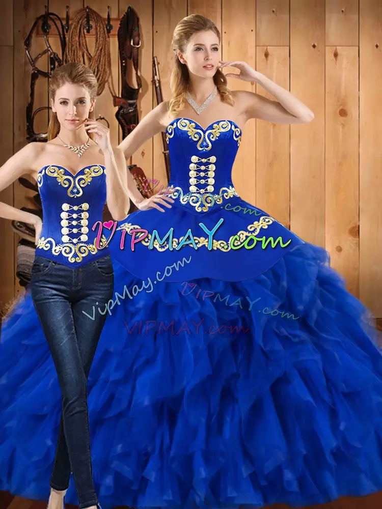 Blue Ball Gowns Embroidery and Ruffles Quinceanera Gown Lace Up Satin and Organza Sleeveless Floor Length