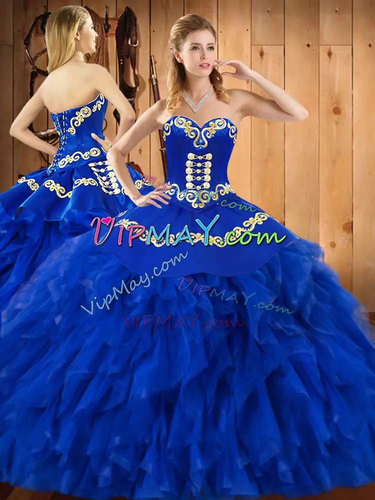 Blue Ball Gowns Embroidery and Ruffles Quinceanera Gown Lace Up Satin and Organza Sleeveless Floor Length