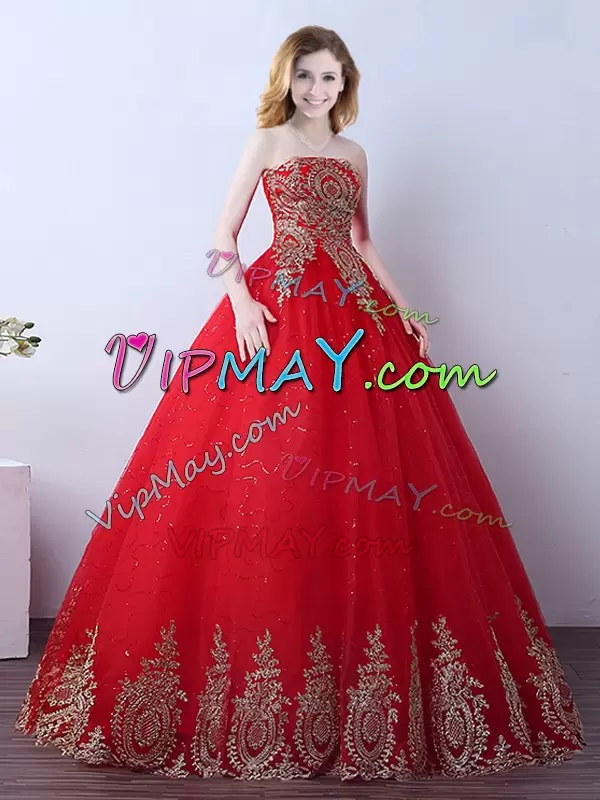 Appliques and Sequins Quince Ball Gowns Red Lace Up Sleeveless Floor Length