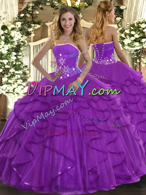 Purple Strapless Lace Up Beading and Ruffles 15 Quinceanera Dress Sleeveless